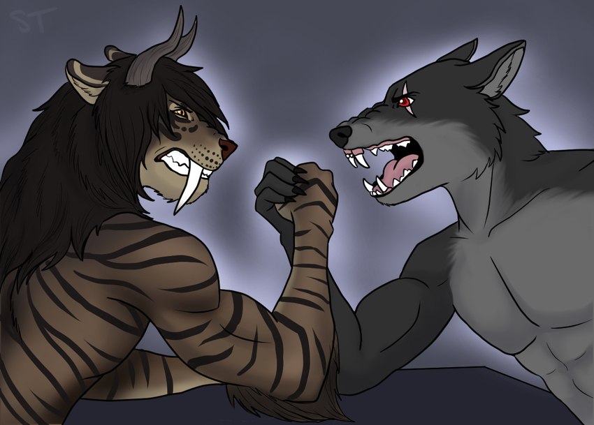 anthro arm_wrestling big_fangs brown_body brown_fur brown_hair duo eye_contact fangs fur glistening glistening_eyes grey_body grey_fur grey_horn hair horn huge_fangs looking_at_another male muscular muscular_anthro muscular_male narrowed_eyes open_mouth orange_eyes orange_sclera pink_tongue red_eyes side_view simple_background striped_arms striped_back teeth tongue tiggybloom do'athra_rahkkar kell_(kell34) canid canine canis felid mammal wolf