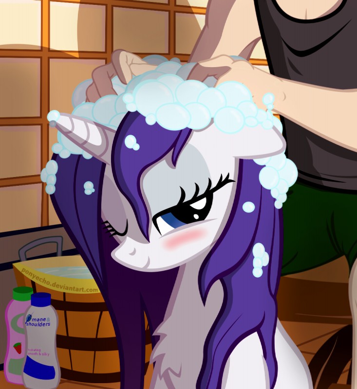 bath blue_eyes blush bubble duo female feral fur hair horn male on_model one_eye_closed purple_hair smile solo_focus text washing_hair water white_body white_fur ponyecho friendship_is_magic hasbro my_little_pony mythology rarity_(mlp) equid equine human mammal mythological_creature mythological_equine unicorn 2015 digital_media_(artwork) hi_res url