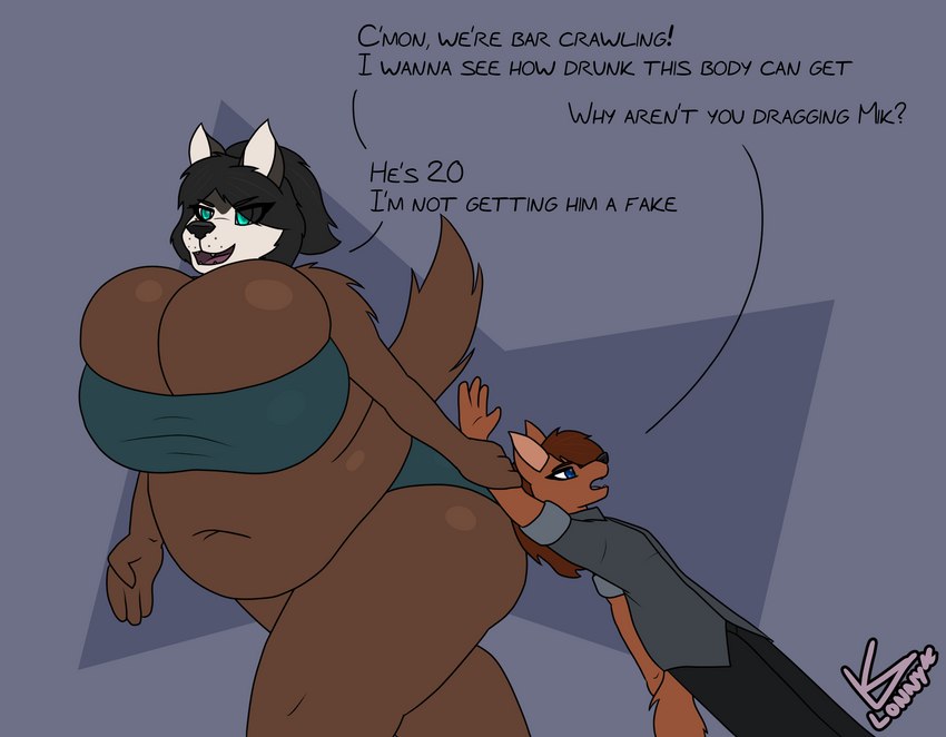 ambiguous_gender anthro belly belly_overhang big_belly big_breasts breasts cleavage cleavage_overflow clothed clothing dialogue dragging_another duo female head_swap huge_breasts obese obese_anthro overweight overweight_anthro size_difference text lonnyk kayla_(lonnyk) lani_(lonnyk) bird_dog canid canine canis domestic_dog hunting_dog husky labrador mammal nordic_sled_dog retriever spitz english_text hi_res