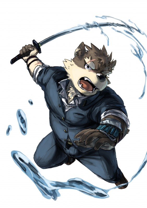 angry anthro asian_sword black_nose clothed clothing fur katana kemono looking_at_viewer male melee_weapon open_mouth overweight overweight_anthro overweight_male solo sword weapon bearwivme lifewonders tokyo_afterschool_summoners moritaka_(tas) canid canine canis domestic_dog mammal absurd_res hi_res