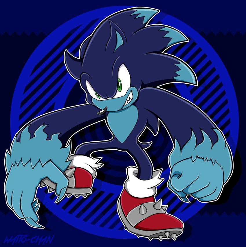 5_fingers abstract_background anthro biped black_nose blue_body blue_fur clenched_teeth clothing fingers fist footwear fur geometric_background green_eyes male on_model outline red_clothing red_footwear red_shoes shoes simple_background solo teeth white_outline silentmist sega sonic_the_hedgehog_(series) sonic_unleashed sonic_the_hedgehog sonic_the_werehog eulipotyphlan hedgehog mammal werecreature wereeulipotyphlan werehog 2018 cel_shading digital_drawing_(artwork) digital_media_(artwork) full-length_portrait hi_res portrait shaded signature