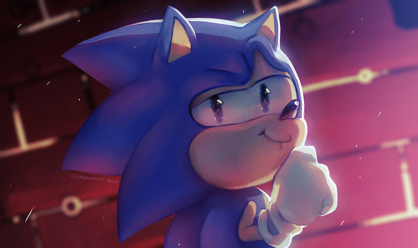 anthro black_eyes blue_body blue_fur clothing eyebrows fur gloves handwear holding_chin looking_at_viewer male raised_eyebrow smile smug solo spacecolonie classic_sonic_(universe) sega sonic_the_hedgehog_(series) classic_sonic sonic_the_hedgehog eulipotyphlan hedgehog mammal 2020 digital_media_(artwork) hi_res meme signature