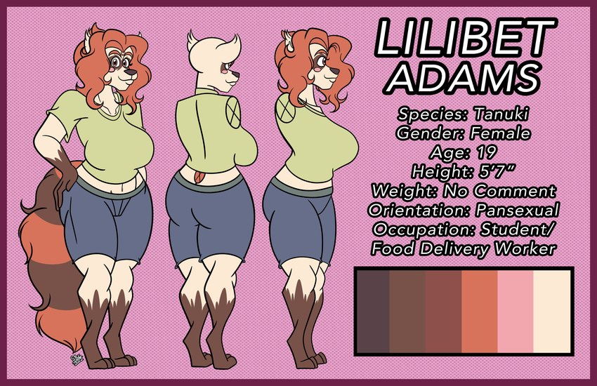 anthro blush clothed clothing female hand_on_hip info solo text turn_around young_adult sketchybug lilibet_adams_(candygurl) canid canine mammal raccoon_dog tanuki english_text hi_res model_sheet tagme