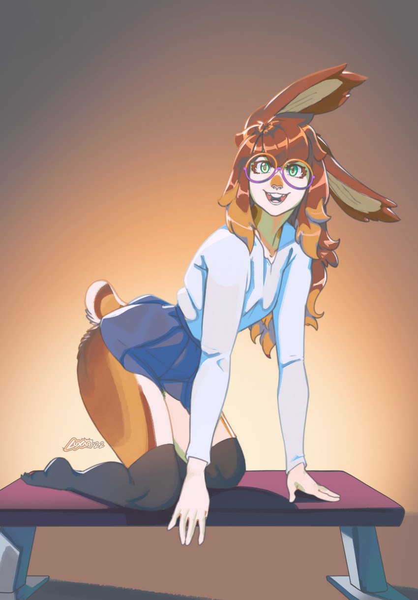 bench bottomwear brown_hair clothing eyewear female glasses green_eyes hair skirt smile smiling_at_viewer solo luxar92 connie_(luxarman) lagomorph leporid mammal rabbit hi_res