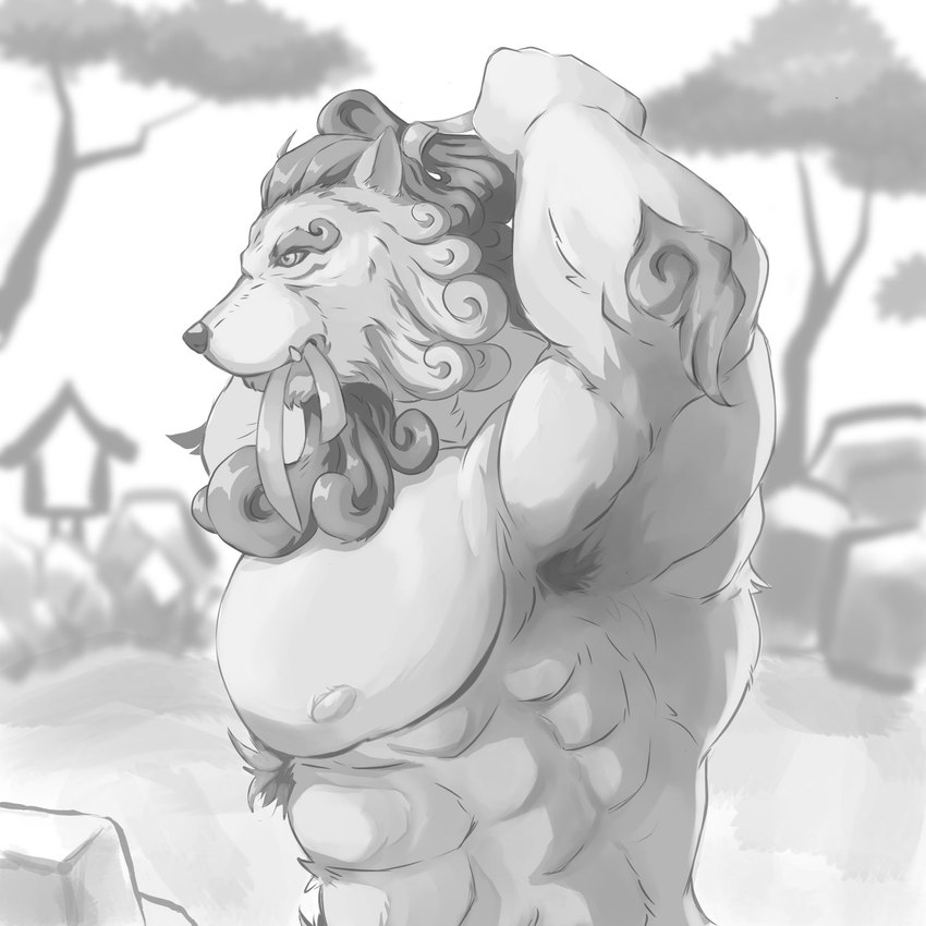 abs anthro arm_tuft armpit_focus biceps body_hair chest_hair chest_tuft detailed_background eyebrows fangs fur hair hand_behind_head hands_behind_head hot_spring looking_aside male muscular muscular_anthro muscular_male neckbeard nipples onsen outside pecs plant raised_arm raised_arms ribbons rock shirtless solo teeth thick_eyebrows tree tuft tying_hair water rujiawoof501 asian_mythology east_asian_mythology japanese_mythology mythology sdorica toyokuni foo_dog komainu mammal yokai 1:1 2022 greyscale hi_res monochrome