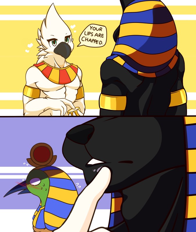 anthro black_body black_fur blush bodily_fluids chapstick clothed clothing dialogue duo_focus egyptian finger_to_mouth fur group humor jewelry male muscular muscular_male simple_background suggestive sweat text topless sagemerric egyptian_mythology middle_eastern_mythology mythology yuri_on_ice anubis horus thoth accipitrid accipitriform anubian_jackal avian bird canid canine canis deity egyptian_god jackal mammal absurd_res digital_media_(artwork) english_text hi_res