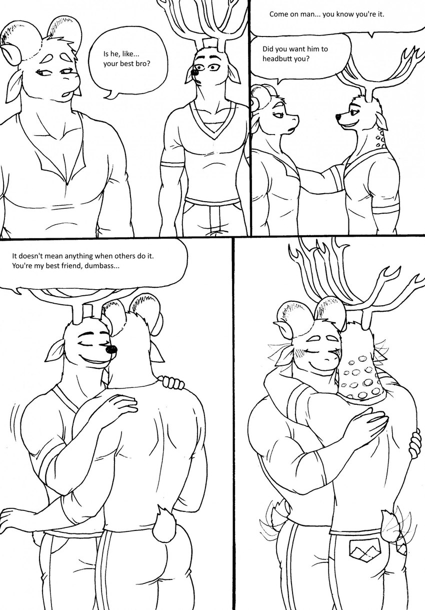 5_fingers anthro anthro_on_anthro antlers blush clothed clothing dialogue duo fingers fur horn hug humanoid_hands male male/male markings muscular muscular_anthro muscular_male shirt smile speech_bubble spots spotted_body spotted_fur tail tail_motion tailwag text topwear bernielover bernielover's_college_au devon_(bernielover) whitney_(bernielover) bovid caprine deer mammal 2023 comic english_text hi_res monochrome