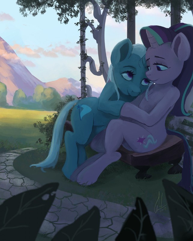 bench cuddling detailed_background duo female female/female feral horn on_bench outside park plant romantic romantic_ambiance romantic_couple sitting tree raikoh-illust friendship_is_magic hasbro my_little_pony mythology starlight_glimmer_(mlp) trixie_(mlp) equid equine mammal mythological_creature mythological_equine unicorn 2017 hi_res