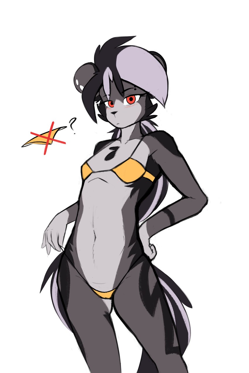 anthro bikini blush clothing ear_piercing eyebrow_piercing facial_piercing female fur gauged_ear hair multicolored_body piercing red_eyes simple_background solo swimwear tail two-piece_swimsuit observerdoz stigmata_(observerdoz) hyena mammal 2024 absurd_res hi_res