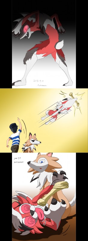 ambiguous_gender anthro gradient_background grey_background male simple_background yellow_background punkydreamer nintendo pokemon elio_(pokemon) generation_7_pokemon human lycanroc mammal midday_lycanroc midnight_lycanroc pokemon_(species) 2016 absurd_res alpha_channel better_version_at_source hi_res