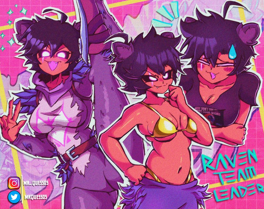 >:3 abstract_background animal_ears arm_under_breasts belt bikini black_clothing black_hair black_sclera blush blush_stickers bodily_fluids bodysuit boots breasts broken_heart_print brown_body brown_skin claws cleavage clothed clothing crossed_arms cute_fangs ear_tuft eye_scar facial_scar female finger_claws flexible footwear gesture glowing glowing_eyes glowing_scar gold_bikini grainy hair hand_gesture hand_on_hip harness hood_down instagram_logo multicolored_clothing name_drop navel one_leg_up open_:3 open_mouth open_smile outline pink_background pink_eyes pose print_clothing print_shirt print_t-shirt print_topwear purple_bodysuit purple_clothing purple_ears purple_hood purple_skinsuit raised_leg scar schynbalds shirt shoes short_hair simple_background skinsuit smile solo sparkles splits spread_legs spreading standing sweat sweatdrop swimwear t-shirt tight_clothing topless topwear tuft twitter_logo two-piece_swimsuit two_tone_clothing under_boob v_sign vertical_splits white_outline mrquessos epic_games fortnite twitter raven_team_leader animal_humanoid bear humanoid mammal mammal_humanoid ursid_humanoid 2024 absurd_res artist_name hi_res multiple_images