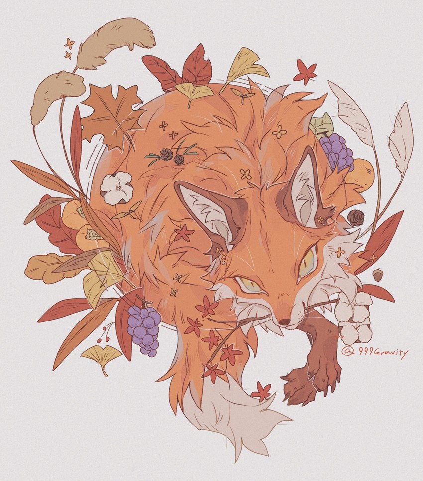 acorn ambiguous_gender autumn_leaves berry claws feral flower fluffy food fruit fur leaf looking_at_viewer nut_(fruit) object_in_mouth orange_body orange_fur paws pinecone plant simple_background solo whiskers yellow_eyes 999gravity canid canine fox mammal 2024 hi_res signature