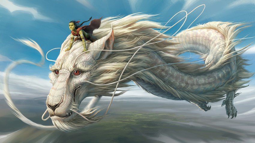 barbel_(anatomy) brown_eyes duo facial_hair feral flesh_whiskers flying fur goatee male riding size_difference tail tomeuriam asian_mythology east_asian_mythology mythology the_neverending_story falkor dragon eastern_dragon human mammal mythological_creature mythological_scalie scalie 16:9 hi_res widescreen