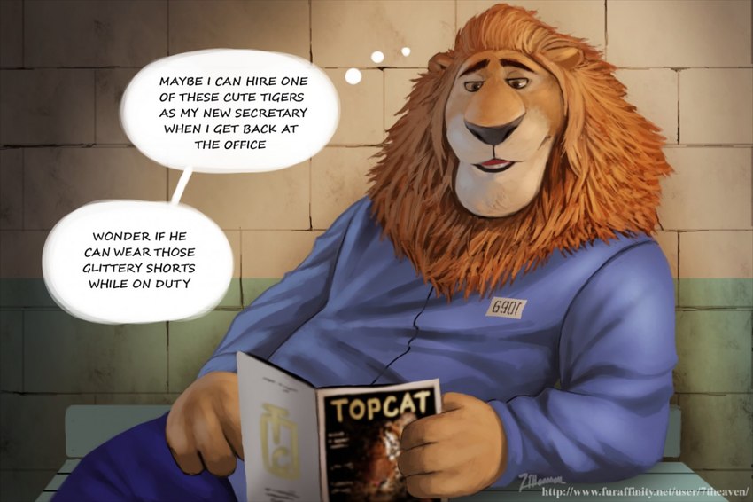 anthro fully_clothed_anthro magazine male open_mouth prison_uniform reading solo text 7theaven disney zootopia leodore_lionheart felid lion mammal pantherine english_text signature