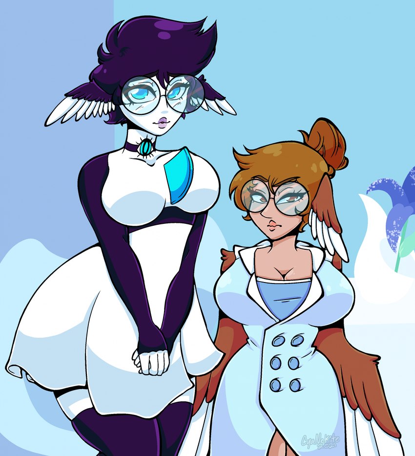 alternate_color big_breasts blue_eyes breasts brown_eyes brown_hair brown_wings choker cleavage clothed clothing crossed_hands dress duo eyewear featureless_breasts female front_view fully_clothed glaring_at_viewer glasses hair head_wings jewelry looking_at_viewer necklace purple_hair unusual_wing_placement wings cyanekite cyanknight midnekite european_mythology greek_mythology mythology nintendo pokemon ixne_(cyanekite) leeah_(cyanekite) avian gardevoir generation_3_pokemon harpy humanoid mythological_avian mythological_creature pokemon_(species) 2021 artist_collaboration digital_media_(artwork) hi_res