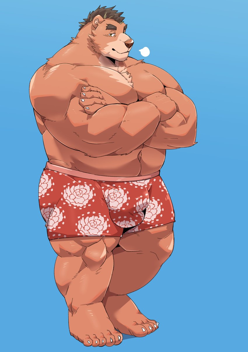 anthro big_bulge big_muscles blue_background brown_body brown_fur bulge clothing crossed_arms detailed_bulge fur male muscular muscular_anthro muscular_male red_clothing red_underwear simple_background slightly_chubby solo underwear yellow_eyes jumperbear after_class parker_(after_class) bear brown_bear grizzly_bear mammal ursine absurd_res hi_res