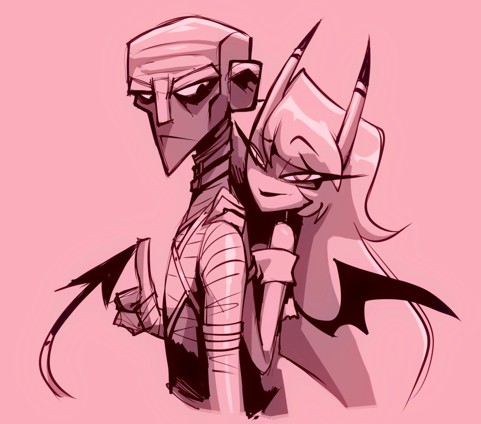 2_horns bald duo eyelashes female gesture hair hand_gesture hand_on_shoulder horn long_hair looking_at_another looking_at_viewer looking_back looking_back_at_another male membrane_(anatomy) membranous_wings not_furry raised_finger raised_index_finger spade_tail tail wings bigdad hellaverse helluva_boss finn_talbert_(bigdad) kiki_(helluva_boss) demon demon_humanoid human humanoid mammal succubus 2025 monochrome