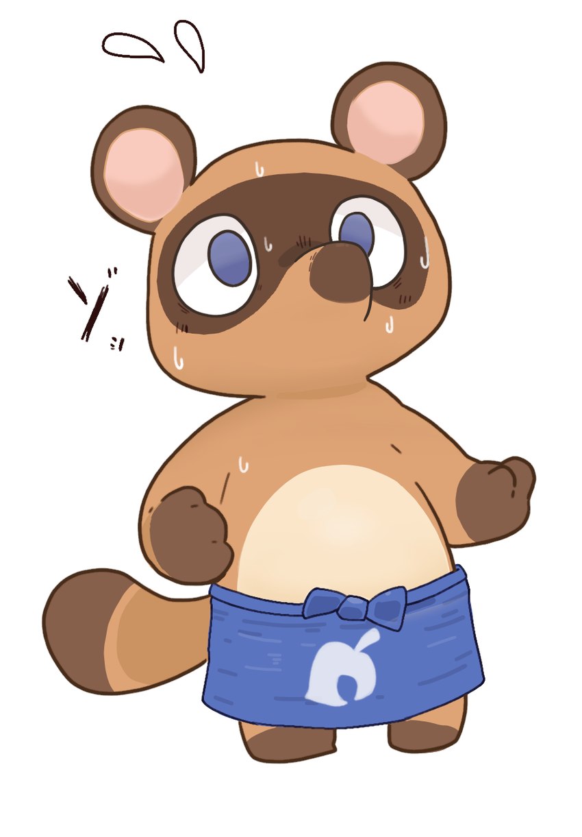 anthro apron blue_apron blue_clothing blue_eyes bodily_fluids brown_body chibi clothing kemono simple_background solo sweat text white_background tinntira animal_crossing nintendo tom_nook_(animal_crossing) canid canine mammal raccoon_dog tanuki 2022 hi_res japanese_text