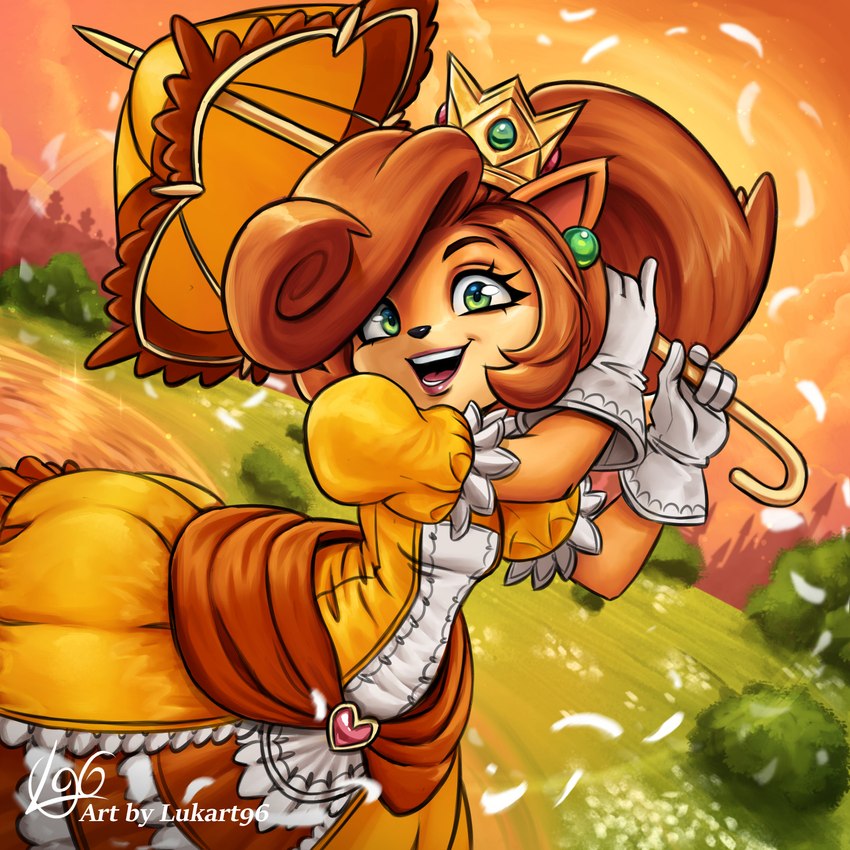 anthro brown_hair clothing cosplay crown ear_piercing eyebrows eyelashes female fur gloves green_eyes hair handwear headgear looking_at_viewer open_mouth open_smile orange_body orange_fur piercing smile solo tan_body tan_fur umbrella lukart96 activision crash_bandicoot_(series) mario_bros nintendo coco_bandicoot princess_daisy bandicoot mammal marsupial 1:1 2025 hi_res