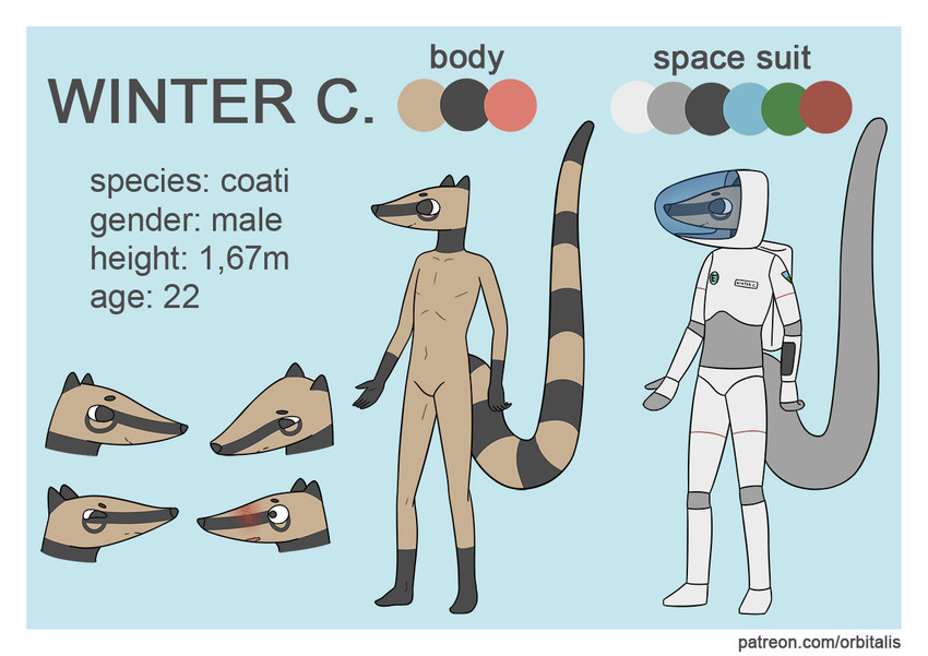 5_fingers anthro big_tail biped black_body black_ears black_eyes black_feet black_fur black_hands black_markings black_nose blue_background blush border clothed clothing color_swatch featureless_crotch feet fingers fur male markings multicolored_body multicolored_fur navel nude off/on open_mouth plantigrade ring_(marking) ringed_tail simple_background solo spacesuit standing striped_markings striped_tail stripes tail tail_markings tan_body tan_fur text two_tone_body two_tone_fur white_border orbitalis winter_(orbitalis) coati mammal procyonid character_name english_text model_sheet species_name url