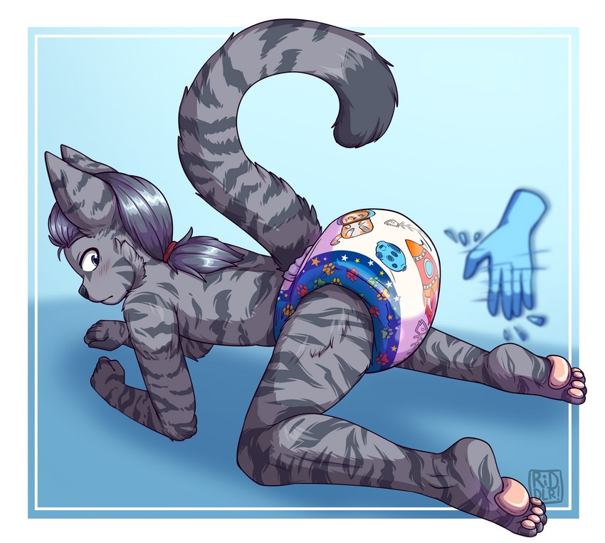 anthro blep blue_eyes butt_slap clean_diaper clothed clothing diaper eyebrows fur grey_body grey_eyebrows grey_fur hair male markings pawpads ponytail simple_background slap solo spanking striped_body striped_fur striped_markings stripes tail tongue tongue_out uhoh wearing_diaper riddlr bambino_diapers mordecai_strand felid feline mammal hi_res