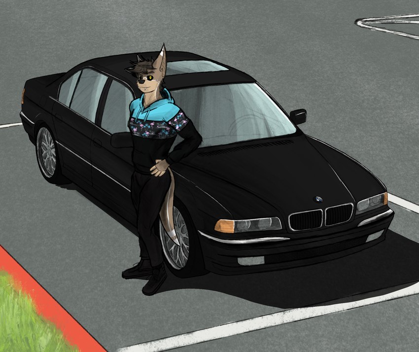 anthro big_ears black_sclera brown_hair car clothed clothing fangs fur hair looking_at_viewer male outside smile solo teeth topwear vehicle botter_dork 7_er 7_series bmw bmw_7_er bmw_7_series bmw_e38 rio_(botter_dork) bat hybrid mammal mustelid otter digital_media_(artwork) hi_res shaded