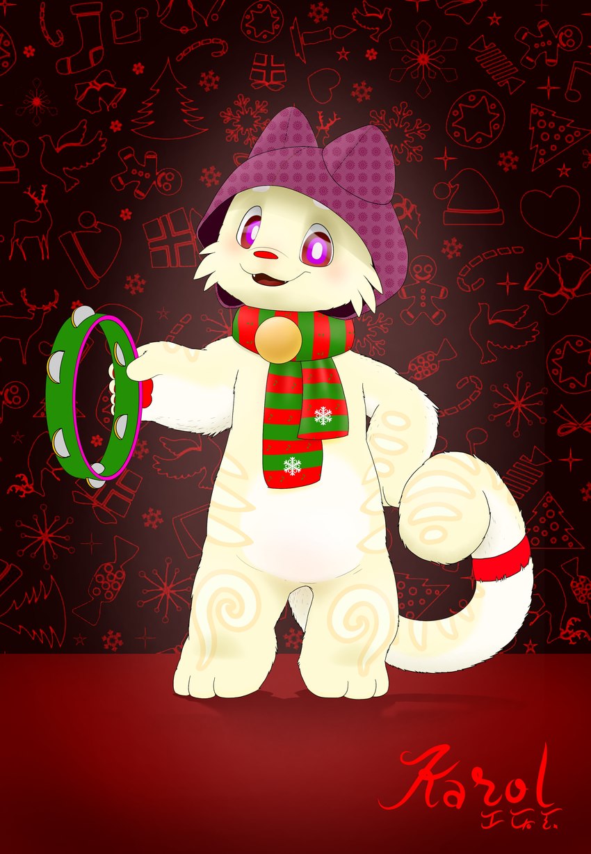 anthro christmas_background christmas_clothing clothing happy headgear headwear holidays machine male musical_instrument purple_eyes red_tongue ring simple_background singing smile solo striped_body stripes text tongue fairycatcreation christmas karol domestic_cat felid feline felis mammal monster munchqit robot absurd_res baybayin_text hi_res