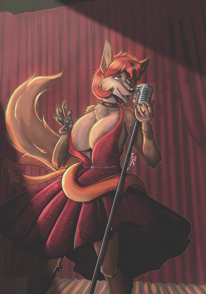 anthro big_breasts breasts brown_body brown_fur chest_tuft choker claws clothing curtains dress electronics female fur hair jewelry microphone necklace open_mouth pawpads red_clothing red_dress red_hair smile solo tuft transfurom changeling_tale jessie_(changeling_tale) canid canine canis mammal wolf 2022 absurd_res digital_media_(artwork) hi_res