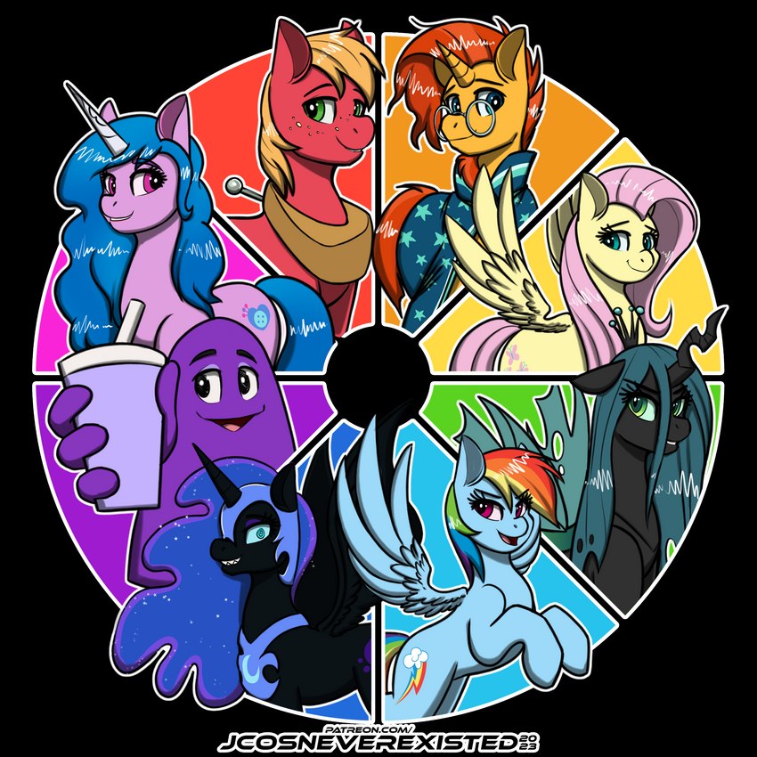 clothing color_wheel female group horn looking_at_viewer male mascot wings conditional_dnp jcosneverexisted friendship_is_magic grimace_shake hasbro mcdonald's mlp_g5 my_little_pony mythology big_macintosh_(mlp) fluttershy_(mlp) grimace_(mcdonald's) izzy_moonbow_(mlp) nightmare_moon_(mlp) queen_chrysalis_(mlp) rainbow_dash_(mlp) sunburst_(mlp) arthropod changeling equid equine horse mammal mythological_creature mythological_equine pegasus pony unicorn 1:1 absurd_res alpha_channel hi_res meme