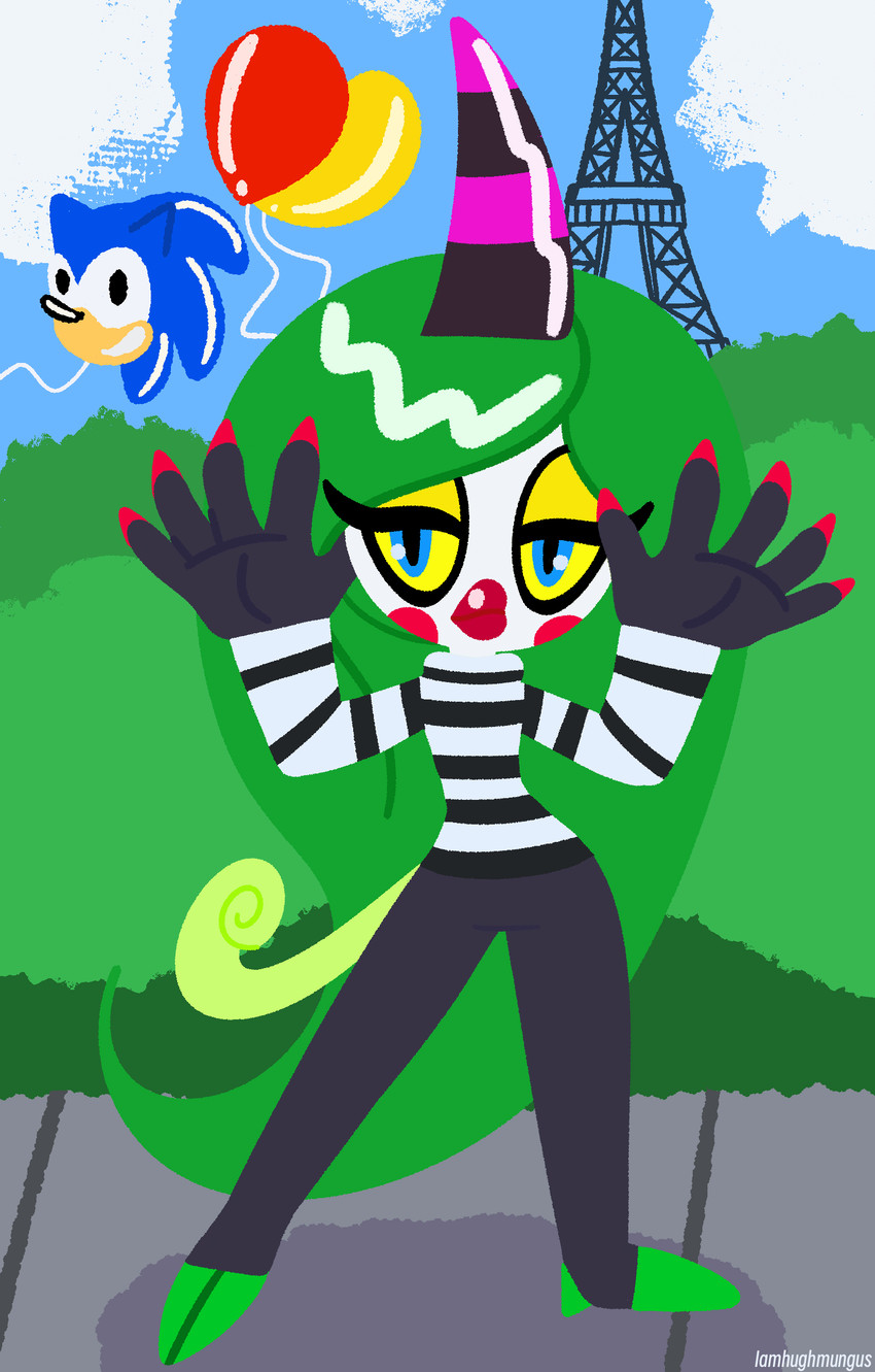 1_horn 5_fingers balloon blue_eyes bodypaint cheek_markings claws clothed clothing colored_fingernails colored_nails costume curled_tail eiffel_tower eyeshadow face_paint facial_markings female fingernails fingers france gesture green_hair hair hand_gesture head_markings holidays horn inflatable lips lipstick long_hair makeup markings mime nails narrowed_eyes partially_clothed pattern_clothing pattern_sweater pattern_topwear plant pose red_lips red_lipstick shrub sky small_waist solo striped_clothing striped_horn striped_sweater striped_topwear stripes sweater tail thick_lips toe_claws topwear turtleneck unimpressed white_face wide_hips yellow_eyeshadow yellow_sclera iamhughmungus halloween sega sonic_the_hedgehog_(series) sonic_the_hedgehog the_deadly_six zeena alien alien_humanoid demon demon_humanoid horned_humanoid humanoid zeti 2024 absurd_res digital_drawing_(artwork) digital_media_(artwork) hi_res lineless signature
