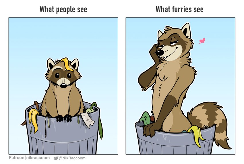 anthro banana_peel bent_arm brown_body brown_fur extended_arm feral flirting fur heart_reaction heart_symbol humor inside_trash_can male naughty_face pose solo text trash_can nikraccoom mammal procyonid raccoon absurd_res english_text hi_res