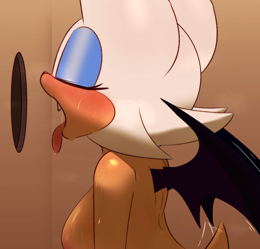 anthro big_breasts blush bodily_fluids breasts eyes_closed eyeshadow fangs female glory_hole hair imminent_oral makeup nude nude_female open_mouth solo sweat tail tail_motion tailwag teeth tongue tongue_out white_hair wings lawgx sega sonic_the_hedgehog_(series) rouge_the_bat bat mammal