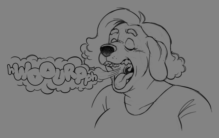 anthro burp_cloud burp_fetish burping eyes_closed female mature_anthro mature_female mouth_shot open_mouth solo swinging_uvula tongue uvula silverscarf charmaine_(silverscarf) canid canine canis domestic_dog mammal 2022 greyscale monochrome