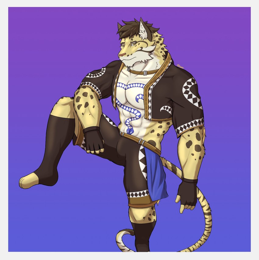 anthro barazoku border chest_tattoo fur looking_at_viewer male muscular muscular_male pecs sitting solo tan_body tan_fur tattoo white_border koziol nekojishi studio_klondike likulau clouded_leopard felid mammal pantherine hi_res