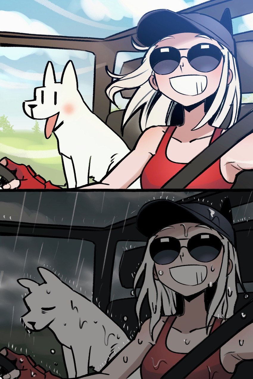 ambiguous_gender blush breasts car clothed clothing duo eyewear female feral fingerless_gloves gloves handwear inside_car inside_vehicle safety_belt smile sunglasses vehicle wet noaharbre helltaker justice_(helltaker) canid canine canis demon demon_humanoid domestic_dog humanoid mammal hi_res