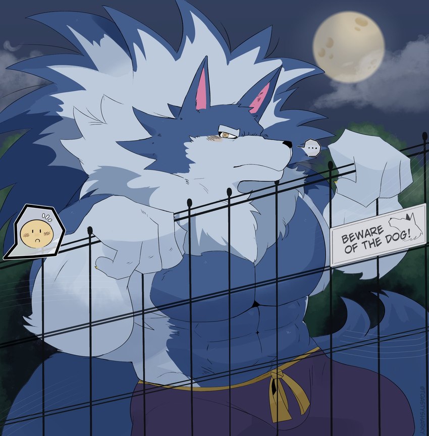 anthro barazoku beware_of_dog blue_body blue_fur blush blush_lines bottomwear clothed clothing cloud ellipsis fence fluffy fluffy_tail forest full_moon fur male moon multicolored_body multicolored_fur muscular muscular_anthro muscular_male neck_tuft night pants plant purple_bottomwear purple_clothing purple_pants sign solo tail topless topless_male tree tuft white_body white_fur toastysharky capcom darkstalkers mythology jon_talbain canid canine canis mammal mythological_canine mythological_creature werecanid werecanine werecreature werewolf wolf 2024 digital_media_(artwork) hi_res