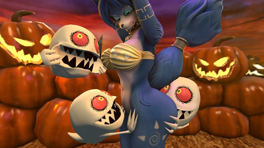 accessory angry anthro big_breasts big_butt blue_body blue_eyes blue_fur blue_hair bottomless breasts butt butt_grab clothed clothing defeated female food forced fruit funny_face fur furgonomics group hair hand_on_butt hanging_by_arms holidays jack-o'-lantern jewelry multicolored_body multicolored_fur plant pumpkin pumpkin_patch raised_tail red_sclera restrained ring tail tail_accessory tail_jewelry tail_ring taunting two_tone_body two_tone_fur white_body white_fur yellow_eyes furchev warfaremachine_(modeler) halloween nintendo star_fox krystal_(star_fox) boom_boo_(sonic) canid canine fox ghost mammal spirit 16:9 3d_(artwork) 4k absurd_res digital_media_(artwork) hi_res huge_filesize source_filmmaker_(artwork) widescreen