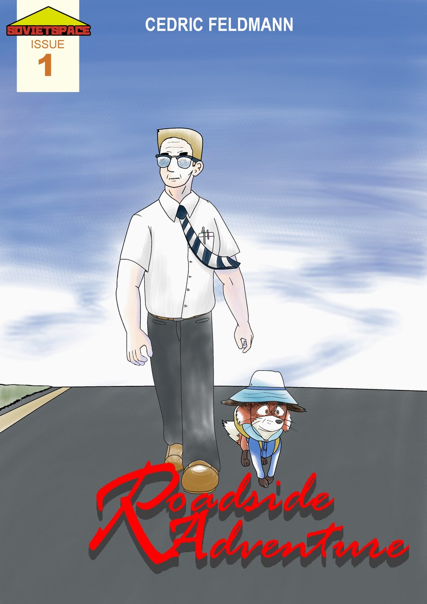 4_toes 5_fingers biped bottomwear clothed clothing cloud day duo eyewear feet feral fingers footwear glasses grass hair hat headgear headwear male mouth_closed necktie pants pen plant quadruped road shirt shoes sky snout standing text toes topwear cedric_feldmann human mammal 2020 absurd_res comic cover cover_art cover_page english_text hi_res