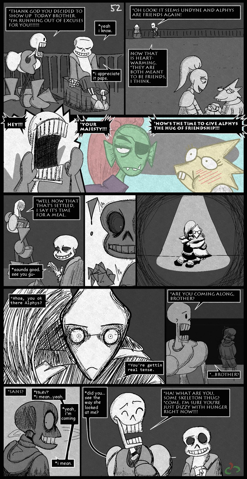 alternate_universe anthro bone clothed clothing dialogue exclamation_point eye_patch eyewear eyewear_only female glasses glasses_only hair male nude open_mouth red_hair skeleton speech_bubble teeth text wearing_glasses sour-apple-studios horrortale undertale undertale_(series) alphys papyrus_(undertale) sans_(undertale) undyne animal_humanoid animated_skeleton boss_monster_(undertale) fish fish_humanoid humanoid marine marine_humanoid undead comic english_text hi_res