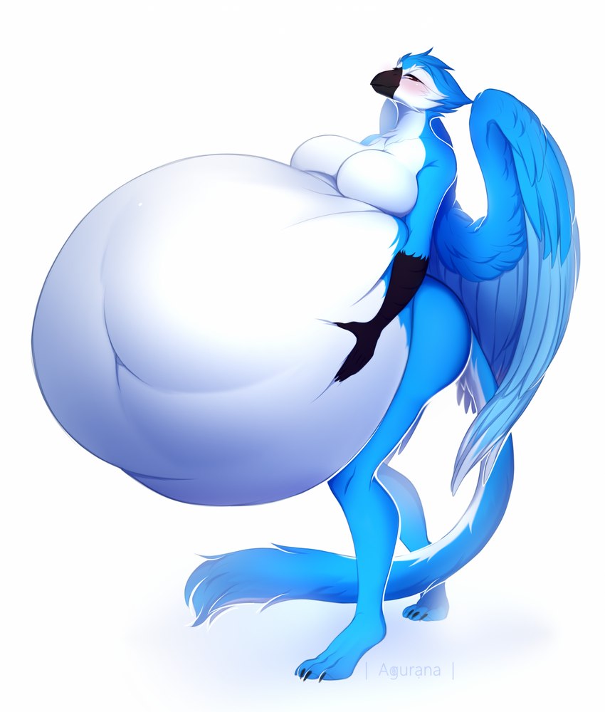 4_toes abdominal_bulge anthro anthro_pred beak belly big_belly blue_body blush breasts digitigrade featureless_breasts feet female holding_belly huge_belly hyper hyper_belly long_tail multicolored_body multiple_prey navel nude oral_vore solo tail talon_hands toes two_tone_body vore wings agurana mythology merida_(gramzon) avian gryphon mythological_avian mythological_creature hi_res signature