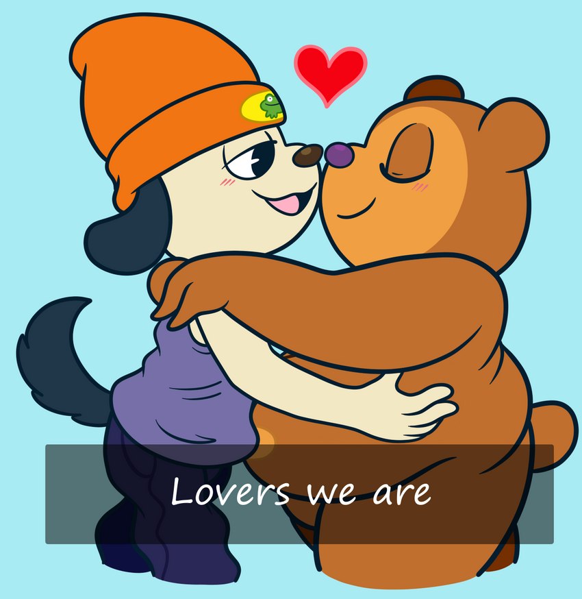 anthro beanie belly blush brown_body brown_fur clothed clothed/nude clothed_male clothing duo eyes_closed floppy_ears fur hat headgear headwear heart_symbol hug male male/male nose_kiss nude nude_male overweight overweight_male text sinribbons parappa_the_rapper sony_corporation sony_interactive_entertainment parappa pj_berri bear canid canine canis domestic_dog mammal english_text hi_res