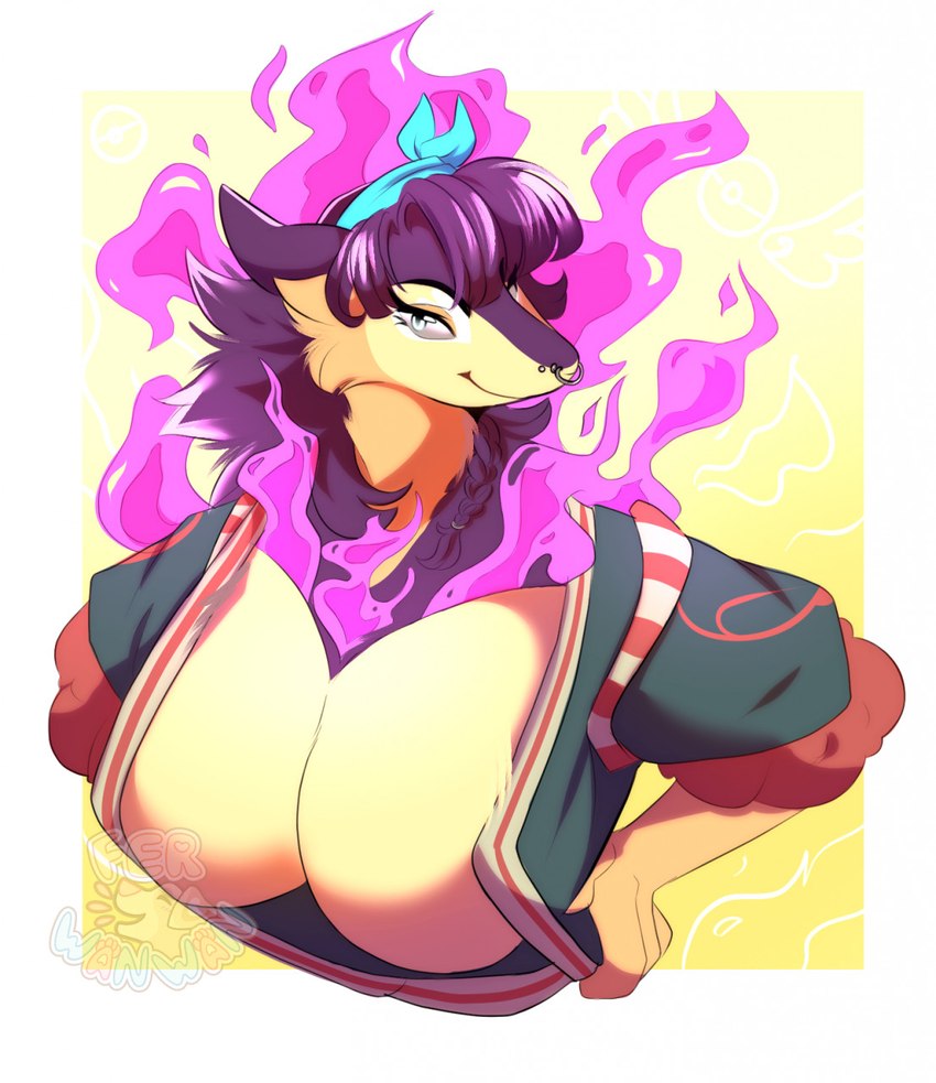 abstract_background accessory anthro anthrofied big_breasts breast_focus breasts clothed clothing colored_fire eyelashes facial_piercing female female_anthro fire fluffy hair_accessory hairband nose_piercing nose_ring piercing pokemorph purple_fire ring_piercing septum_piercing septum_ring smile solo tuft ferwanwan nintendo pokemon fan_character generation_8_pokemon hisuian_form hisuian_typhlosion mammal mustelid pokemon_(species) regional_form_(pokemon) 2022 hi_res shaded watermark