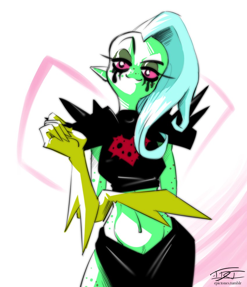 bottomwear breasts clothed clothing eyebrows eyelashes female fingers freckles gloves green_body green_skin hair handwear humanoid_pointy_ears long_hair midriff navel noseless not_furry pink_sclera pointy_ears solo topwear hardtones disney wander_over_yonder lord_dominator humanoid 2016 half-length_portrait hi_res portrait signature