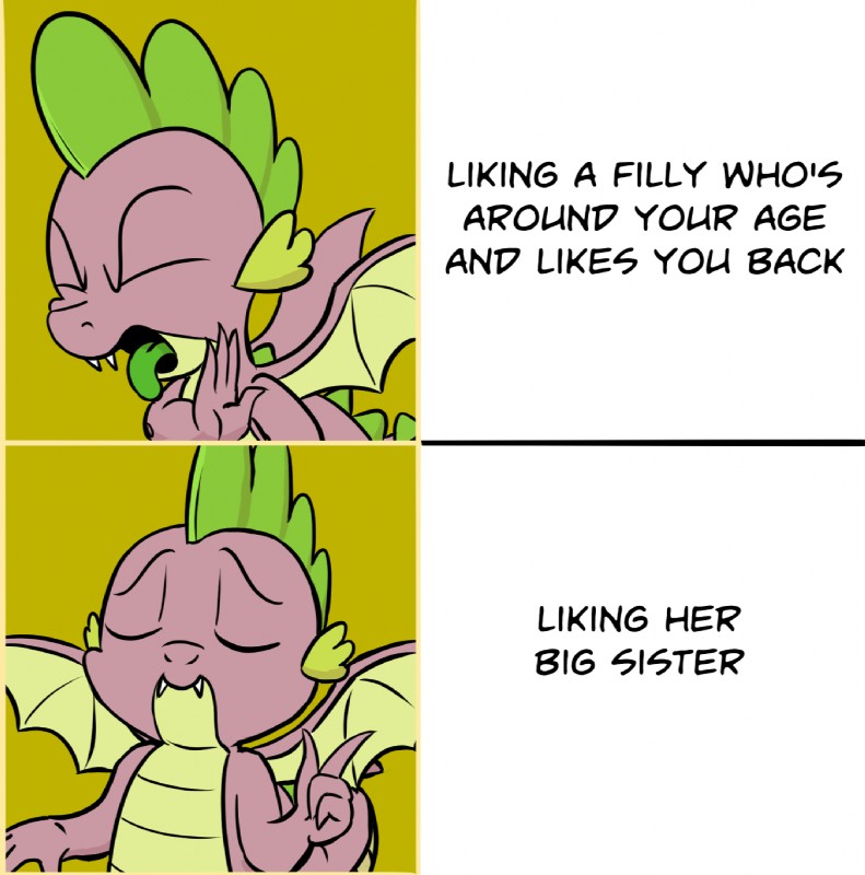 ambiguous_gender anthro disgust dragon_wings fangs humor male membrane_(anatomy) membranous_wings smile tail teeth text wings pony-berserker drake_(musician) drakeposting friendship_is_magic hasbro hotline_bling my_little_pony mythology spike_(mlp) dragon mythological_creature mythological_scalie scalie 2018 comic english_text hi_res meme