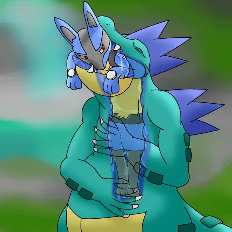 ambiguous_gender anthro blue_body bodily_fluids duo green_body oral_vore saliva size_difference tongue tongue_out vore fuzgatr nintendo pokemon alligatorid crocodile crocodilian feraligatr generation_2_pokemon generation_4_pokemon lucario mammal pokemon_(species) reptile scalie shiny_pokemon 1:1 2016