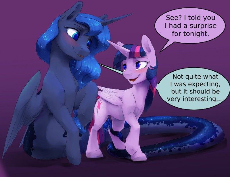 apode blush duo female feral horn legless serpentine split_form text wings silfoe friendship_is_magic hasbro my_little_pony mythology princess_luna_(mlp) twilight_sparkle_(mlp) draconcopode equid equine lamia mammal mythological_creature mythological_equine reptile scalie snake winged_unicorn 2019 english_text