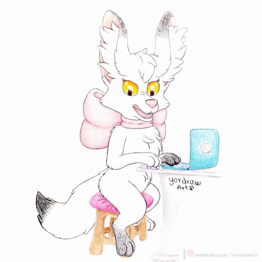 anthro computer computer_mouse electronics female happy laptop open_mouth open_smile smile solo yordraw apple_inc. apple_macintosh macbook patreon domestic_cat felid feline felis mammal 1:1 hi_res