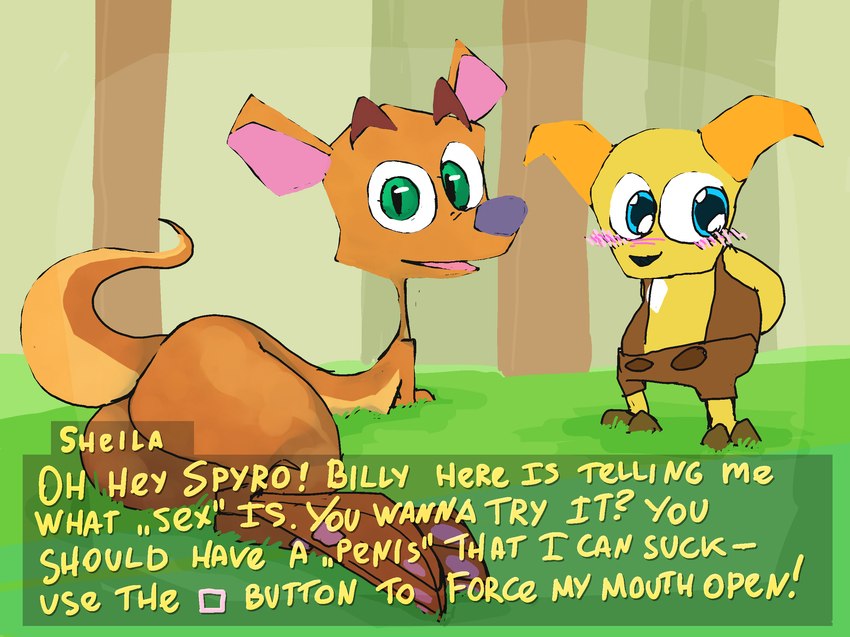 anthro big_butt blue_eyes blush butt dialogue duo female feral gameplay_mechanics green_eyes humor male orange_body speech_bubble tail text wide_hips yellow_body roksim activision spyro_the_dragon billy_(spyro) sheila_(spyro) bovid caprine goat kangaroo macropod mammal marsupial english_text hi_res