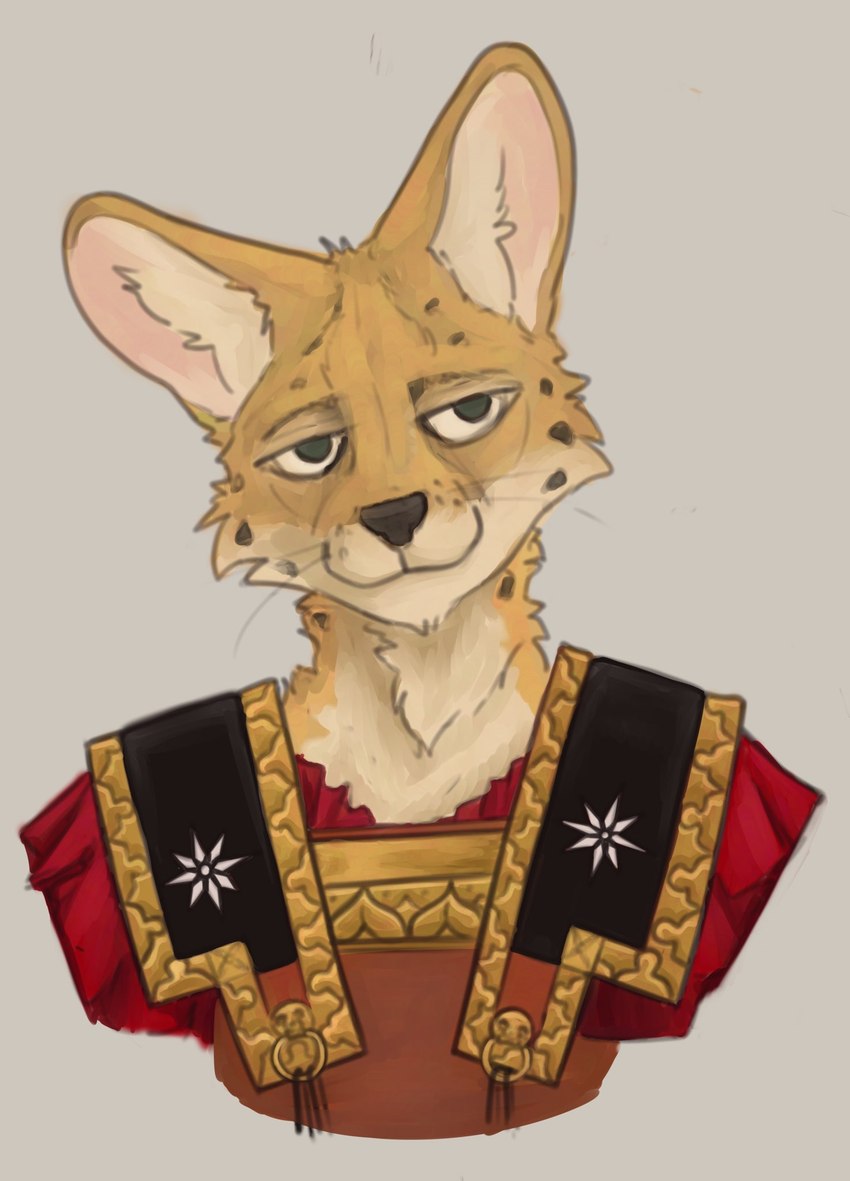 ambiguous_gender anthro armor chest_armor fur historical inner_ear_fluff looking_aside markings pauldron simple_background solo spots spotted_body spotted_fur tuft banoncat felid feline mammal serval 2021 bust_portrait hi_res portrait