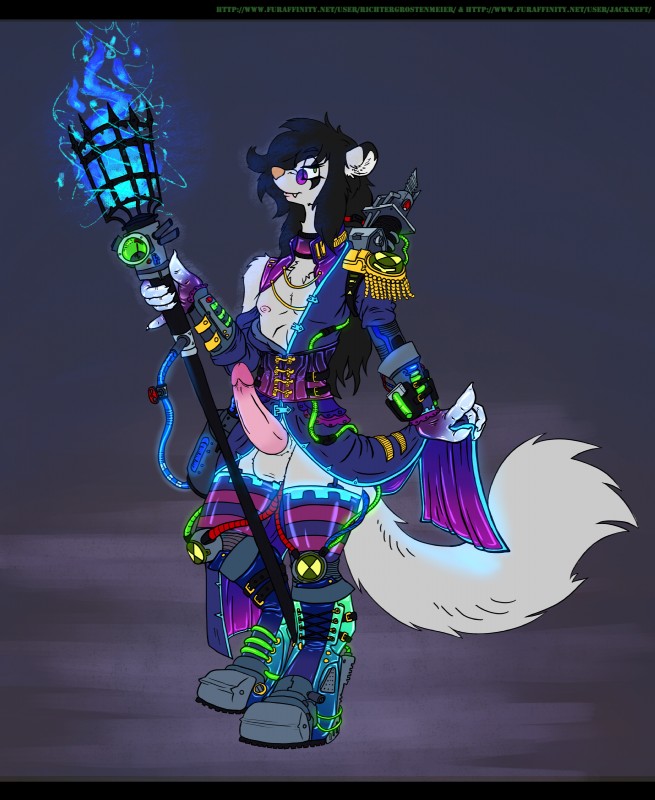 alternative_fashion anthro cybergoth cyberpunk dieselpunk femboy genitals goth latex leather magic_user male penis rave scene_haircut solo weapon witch grostenmeiers jackneft richter mammal mustelid musteline stoat true_musteline weasel absurd_res hi_res